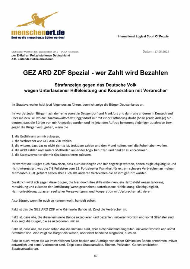 Anzeige gegen das Deusche Volk