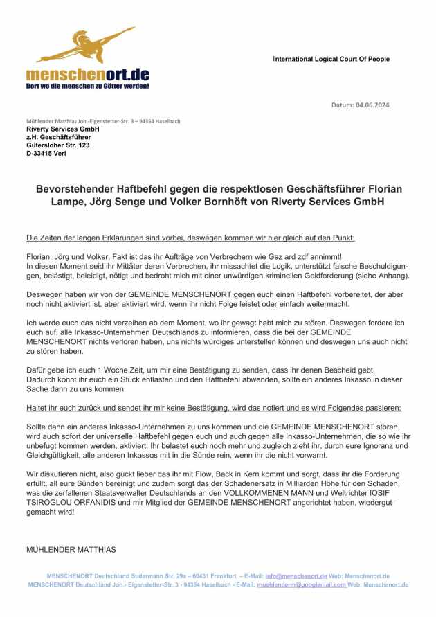 Bevorstehender Haftbefehl gegen die Respektlosen Geschäftsführer von Riverty GmbH
