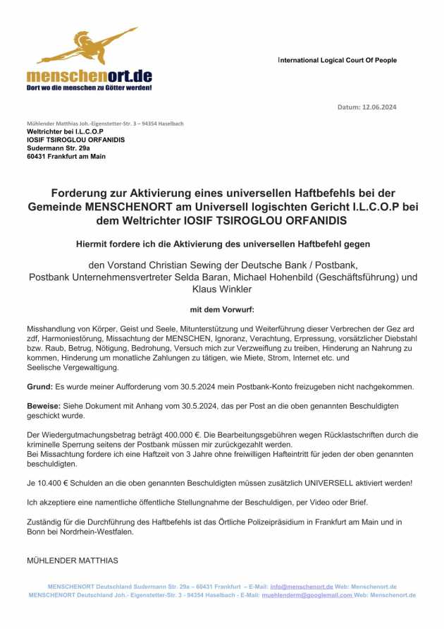 Forderung zur Aktivierung des Haftbefehls gegen die Postbank Verwalter